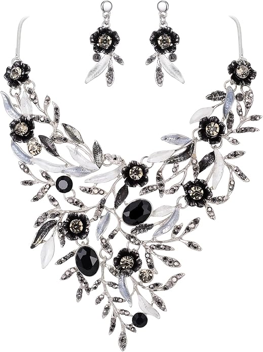 BriLove Wedding Bridal Leaf Cluster Jewelry Set for Women Crystal Flower Enamel Statement Necklace Dangle Earrings