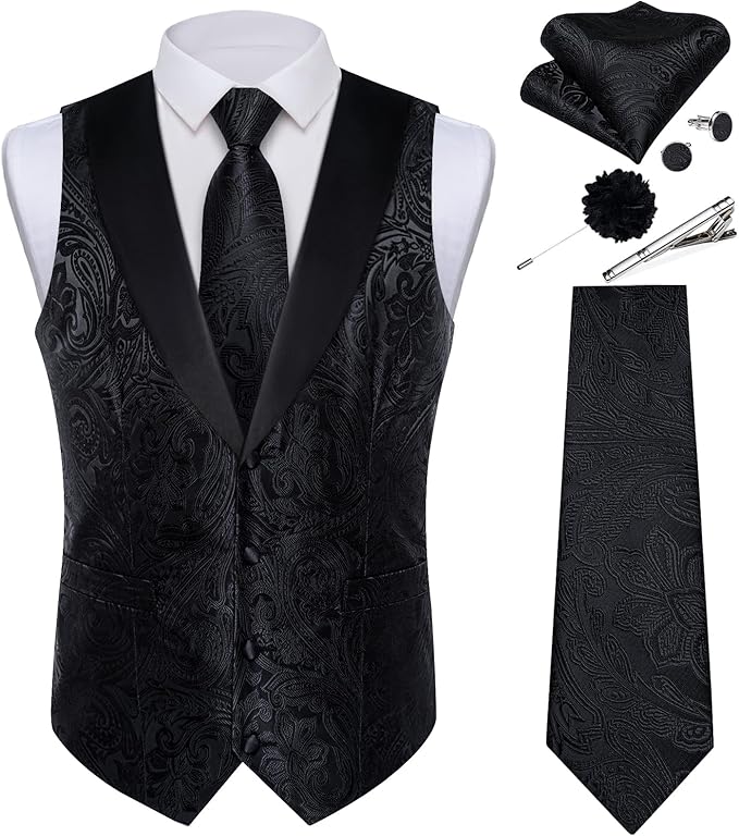 DiBanGu Mens Paisley Suit Vest Silk Jacquard Waistcoat and Necktie Set Formal Shawl Collar Dress Vest 7PCS for Wedding Party