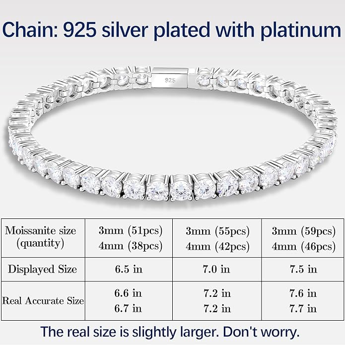 Moissanite Tennis Bracelet For Women S925 Silver Jewelry, Luxury Silver Bracelets,Valentines Day Gifts For Couples Sister Girlfriend Wife Gifts6.5'-7.5'' Length