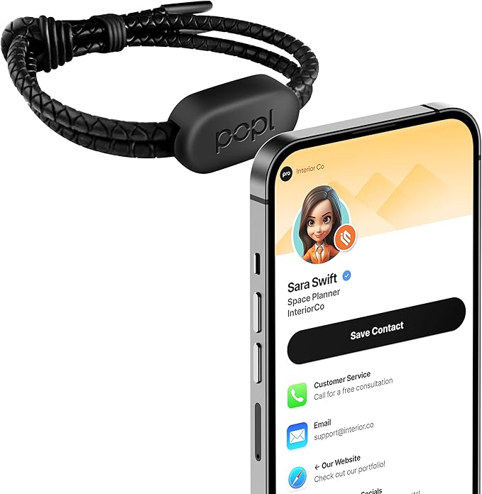 Popl Rope Band - Digital Business Card Bracelet Wearable - Tap to Share NFC & QR Code - Compatible with iPhone & Android (Black Rope Style)