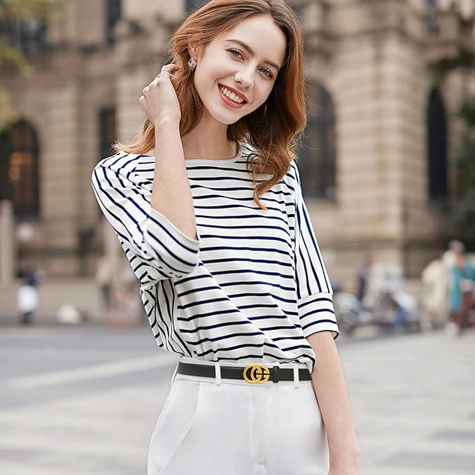 Women's Fashion Classic Metal Buckle Leather Belt with Jeans Dress