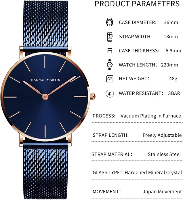 HANNAH MARTIN Watches for Women Waterproof Ladies Analog Quartz Wrist Watches Stainless Steel Band Fashion Dainty Female Watch Luxury Bracelet Diamond