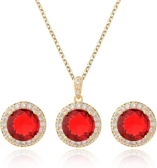 Bridal Crystal Jewelry Set - Sterling Silver Round Cubic Zirconia CZ Rhinestone Halo Birthstone Pendant Necklace Stud Earrings Set for Wedding Bride Bridesmaids Birthday Gift