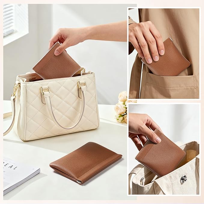 Sightor Leather Pocket Cosmetic Bag for Purse, 2 Pack Small Makeup Bag for Women Coin Purse Lipstick Cosmetic Accessories Organizer Travel Cosmetic Pouch (Brown)