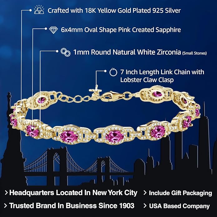 Gem Stone King 18K Yellow Gold Plated Silver Oval Gemstone Birthstone Tennis Bracelet For Women | Oval 6X4MM | 7 Inch With 1 Inch Extender | Fine Jewelry Gifts for Her Mom Women Wife