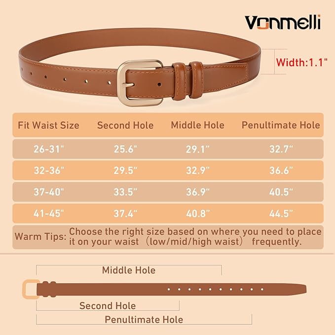 VONMELLI Leather Belts for Women Fashion Wasit Ladies Belt for Jeans Pants Dresses with Pin Buckle