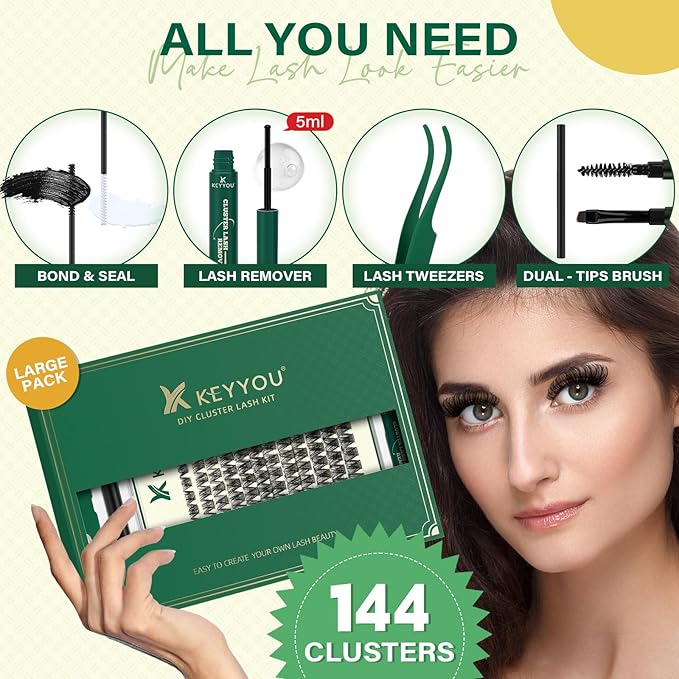 KEYYOU Lash Clusters Kit Natural Wispy DIY Lash Extension Kit 144pcs Lashes Clusters Eyelash Extension with Mascara Brush Bond and Seal Glue Remover Applicators and Brush for Lashes Extensions (Y01)