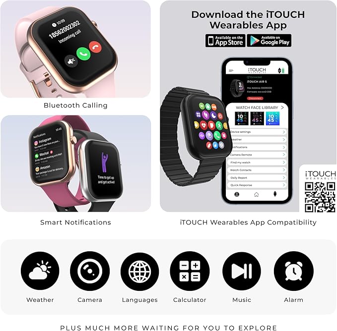 iTouch AIR 5 Smartwatch – 1.85” AMOLED Display, Bluetooth Calling, 100+ Sport Modes, Heart Rate, SPO₂, Stress & Sleep Monitoring, IP68 - Android & iOS (Rose Gold Case w/Blush Silicone Band)