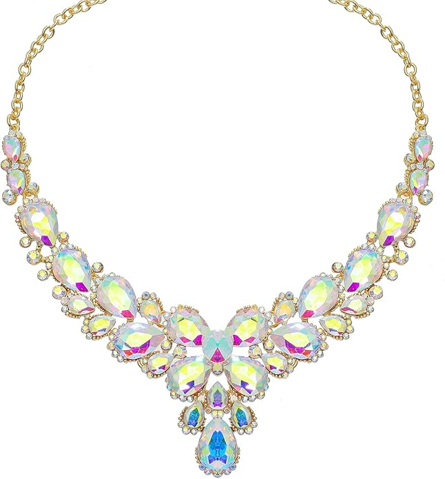 Women's Wedding Bridal Austrian Crystal Glass Teardrop Statement Necklace Dangle Earrings Bracelet Ring Wedding Party Jewelry Set for Bridal Bridesmaid