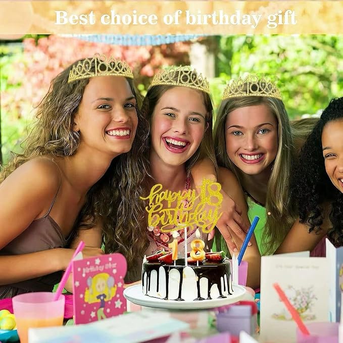 18th Birthday Decorations for Her Girls Set, Include 18th Birthday Crown and 18 Sash, 18th Birthday Cake Topper and 18 Birthday Candles, Gold 18 Balloons, Women 18th Party Supplies(Gold)
