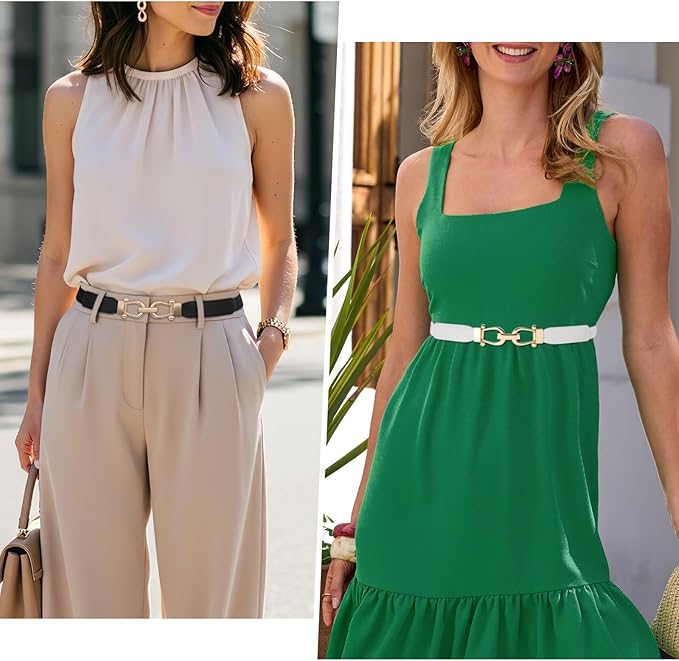 JASGOOD Women Skinny Elastic Belt for Dresses,Thin Retro Stretch Waist Belt with Golden Buckle