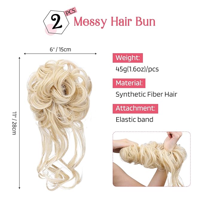 HOOJIH Messy Bun Hair Piece, 2PCS Tousled Updo with Tendrils Hair Bun Extensions Wavy Curly Hair Wrap Ponytail Hairpieces Thick Hair Scrunchies for Women HB010 Dasiy - Cool Light Blonde