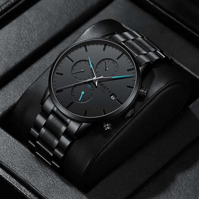 NIBOSI Men's Watches Analog Minimalist Black Dial Watches for Men Business Chronograph Military Casual Wrist Watches Stainless Steel Strap Date