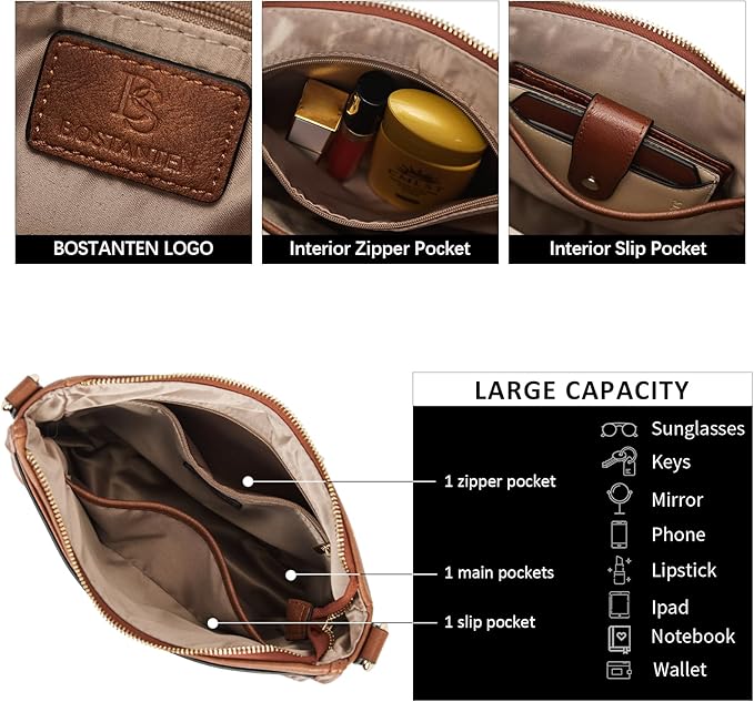 BOSTANTEN Crossbody Bags for Women Trendy Vegan Leather Hobo Purses Shoulder Handbags With Wide Shoulder Strap