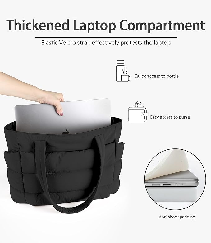 Puffer Tote Bag for Women, Cute Quilted Carryall with Zippered Compartments Shoulder Bag Handbag for Work, Travel, Gym