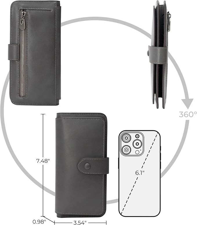 RFID Blocking Leather Wallet for Women, Slim Trifold with 14 Card Slots and Zipper Pocket (Grey)