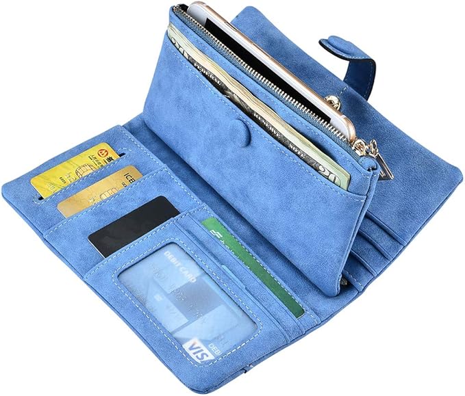 Women's Genuine Leather Bifold Clutch Wallet Large Capacity Card Organizer with Buckle Closure in Candy Colors (Blue)
