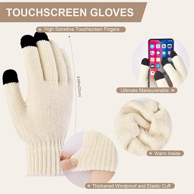 Womens Winter Beanie Hat Scarf Touchscreen Gloves Set Knit Warm Skull Caps Long Neck Scarves for Women Men