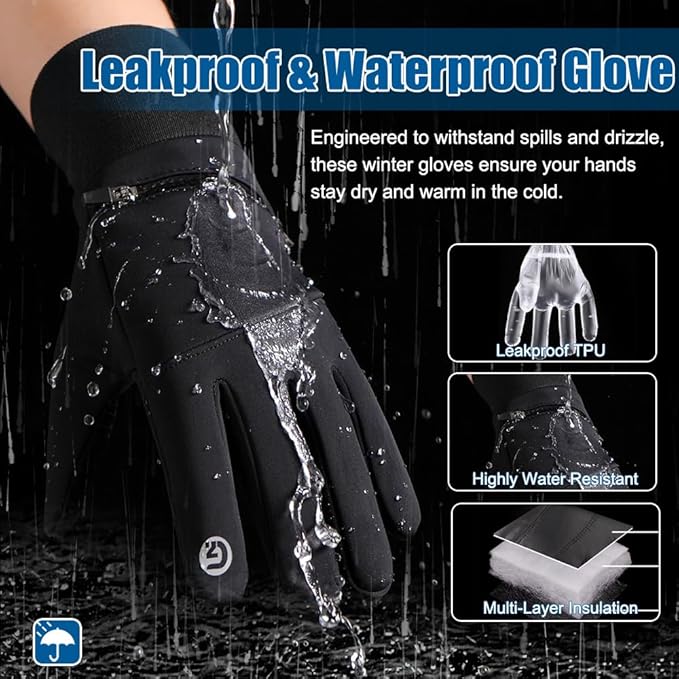 Winter Gloves for Men Women - Waterproof Glove Cold Weather Thermal Sport Gloves, Warm Gloves Touchscreen Glove for Running Cycling Driving Hiking, Windproof Work Gloves Work