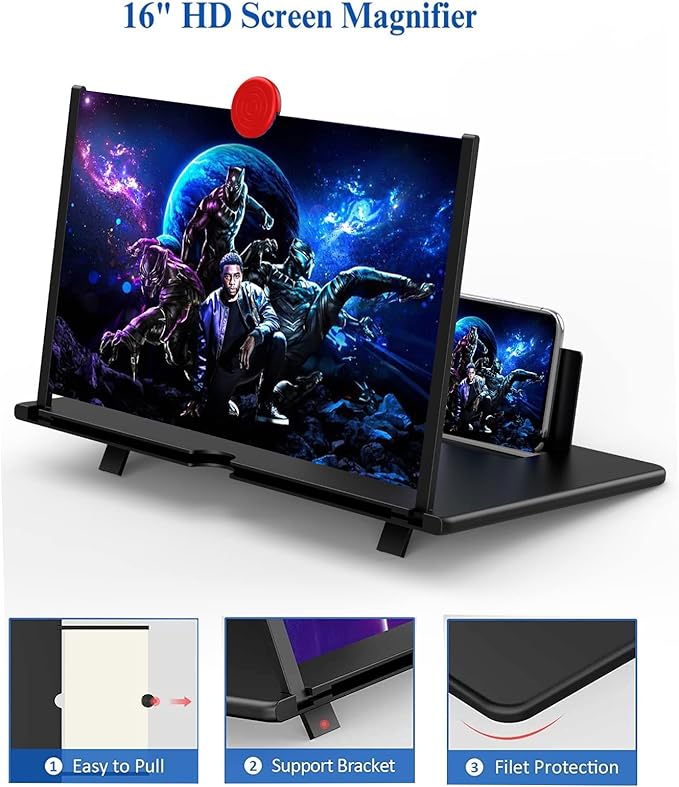 16" Screen Magnifier for Cell Phone, Mobile Phone 3D HD Magnifying Projector Screen Enlarger for Movies, Videos and Gaming, Foldable Phone Stand with Screen Amplifier,Compatible with All Phones