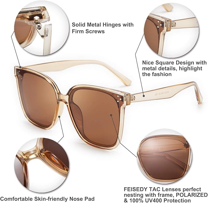 FEISEDY Oversized Polarized Sunglasses - UV400 Protection, Square Fashion Sun Glasses for Outdoor & Daily B2600