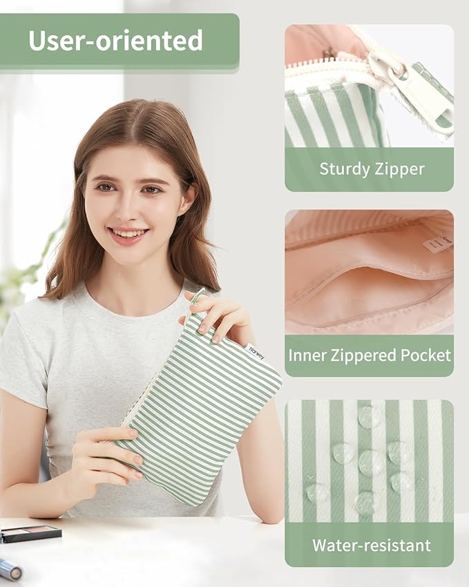 Narwey Small Striped Makeup Bag for Purse Travel Makeup Pouch Cosmetic Bag Zipper Pouch Bags for Women (Mint Green Stripe)