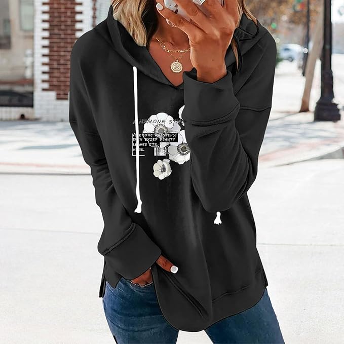 Womens Casual Loose Fit Pullover Sweatshirt with Artistic Print Drawstring Hood Long Sleeve Cotton Blend for Fall