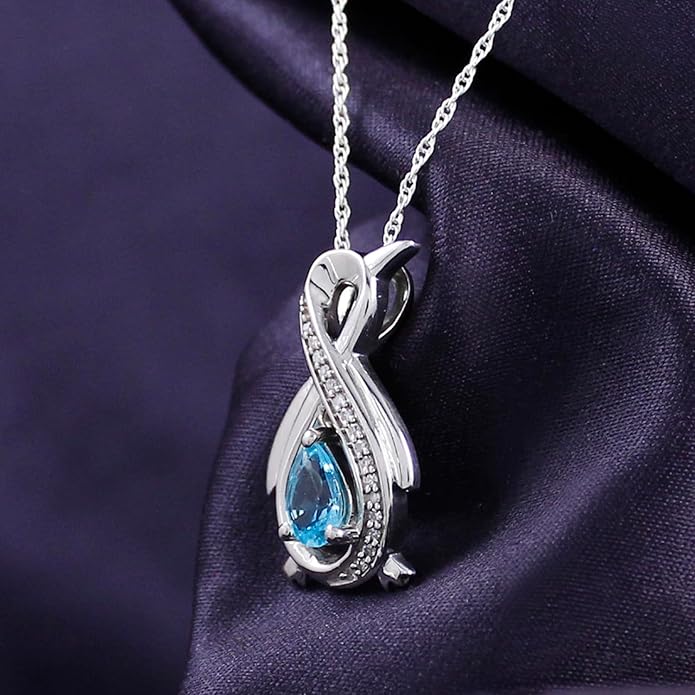 Infinity Penguin Pendant Necklace for Women, 14K Gold Over Sterling Silver with Pear & Round Cut Simulated Birthstone & White Diamond Accents, Dainty Animal Jewelry Gift with 18" Chain