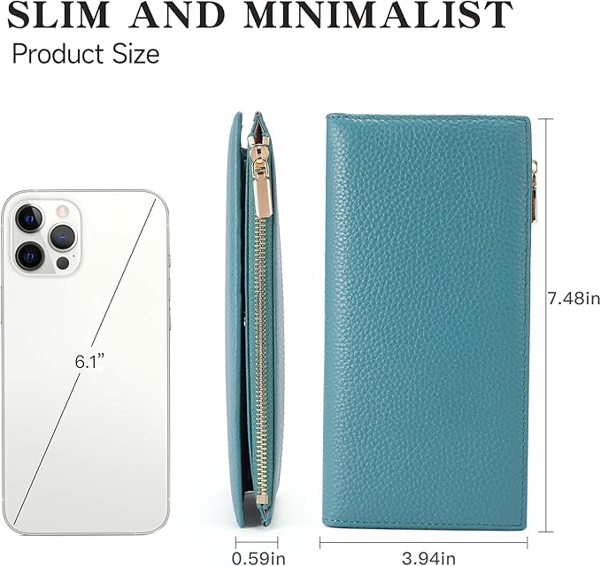 Slim Blue Wallet for Women, RFID Blocking Genuine Leather Bifold with Secure Zippered Coin Pocket (Blue)