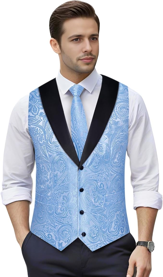 DiBanGu Mens Paisley Suit Vest Silk Jacquard Waistcoat and Necktie Set Formal Shawl Collar Dress Vest 7PCS for Wedding Party