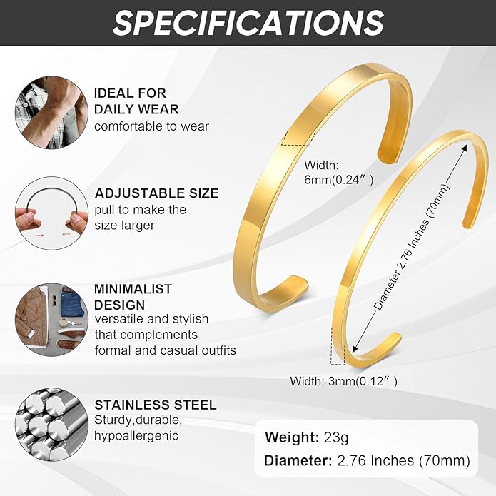 MEALGUET Stainless Steel Mens Cuff Bracelet : Minimal Cool Silver/Black/Gold Plated Open Metal Cuff Bangle Bracelets for Men,Mens Bracelet Jewelry Gift