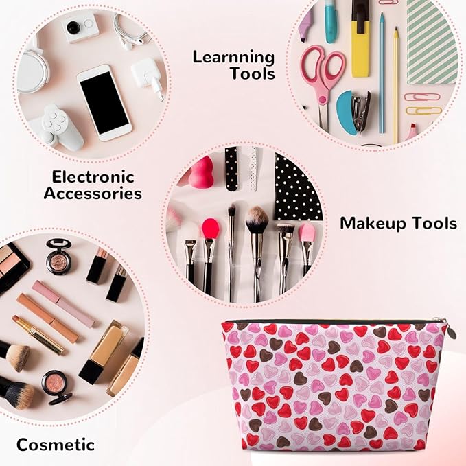 Cute Valentine's Day Hearts Makeup Bag Zipper Pouch Travel Portable Cosmetic Bag Organizer for Women