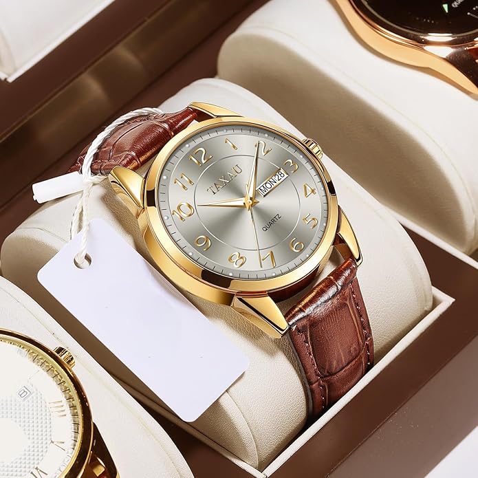 Men's Watch Big Face Easy Read Arabic Numeral Dress Watches for Men Classic Black Brown Leather Band Analog Mens Wrist Watch with Day and Date Fashion Business Waterproof Luminous Quartz Watch
