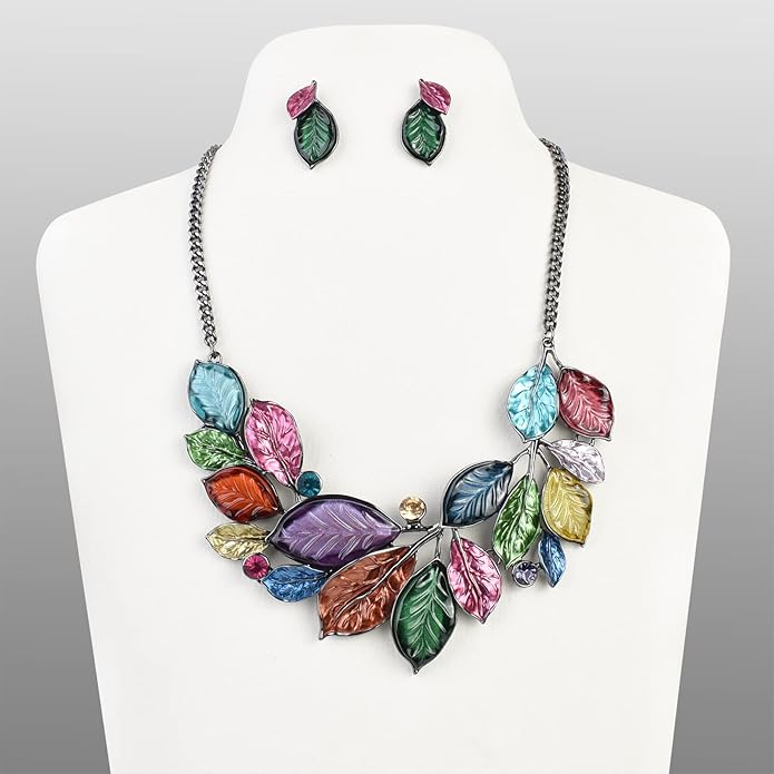 Vintage Statement Jewelry Set Leaf Floral Bohemian Boho Statement Necklace Earring Set Crystal Fashion Costume Jewelry