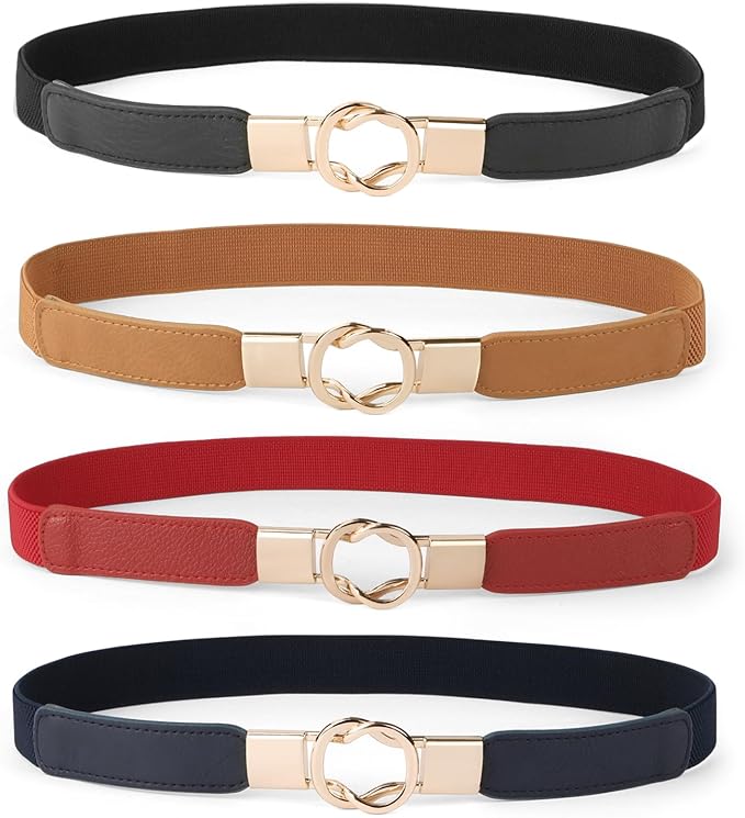 WERFORU Women Skinny Belt for Dresses Retro Stretch Waist Belt with Gold Buckle Set of 4