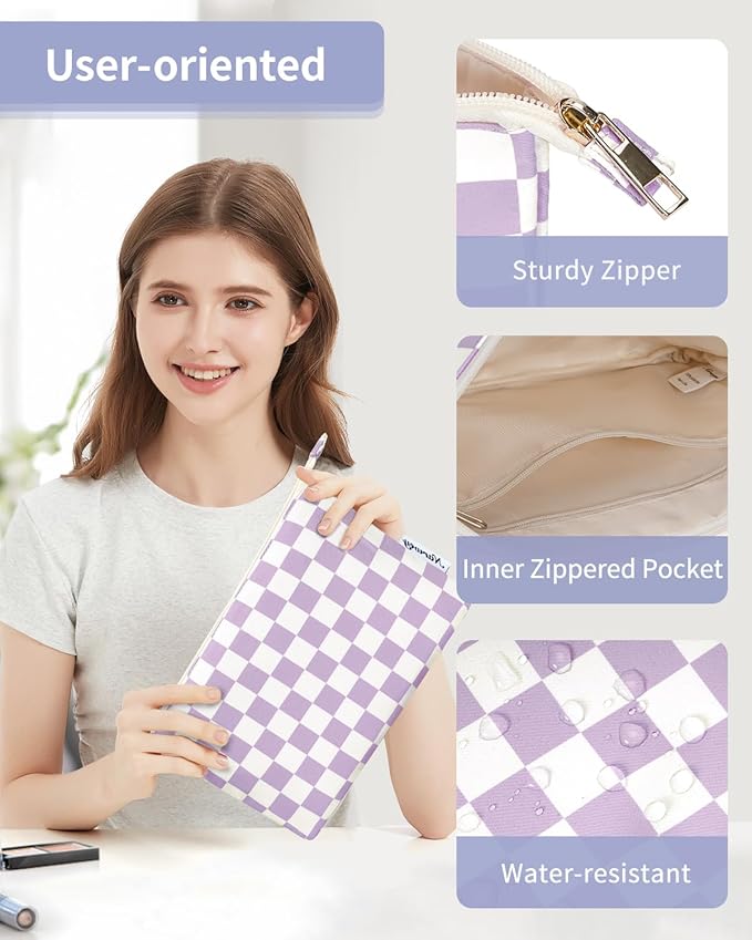 Narwey Small Checkered Makeup Bag for Purse Small Cosmetic Bag Women Travel Makeup Pouch Zipper Pouch (Purple Checkerboard)