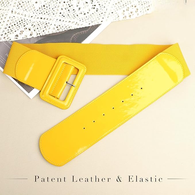 Wide Patent Leather Cinch Belt - Fashion Square Buckle Waist Belt for Dresses and Coats
