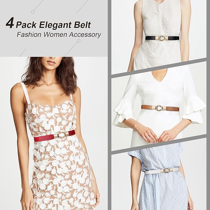 WERFORU Women Skinny Belt for Dresses Retro Stretch Waist Belt with Gold Buckle Set of 4