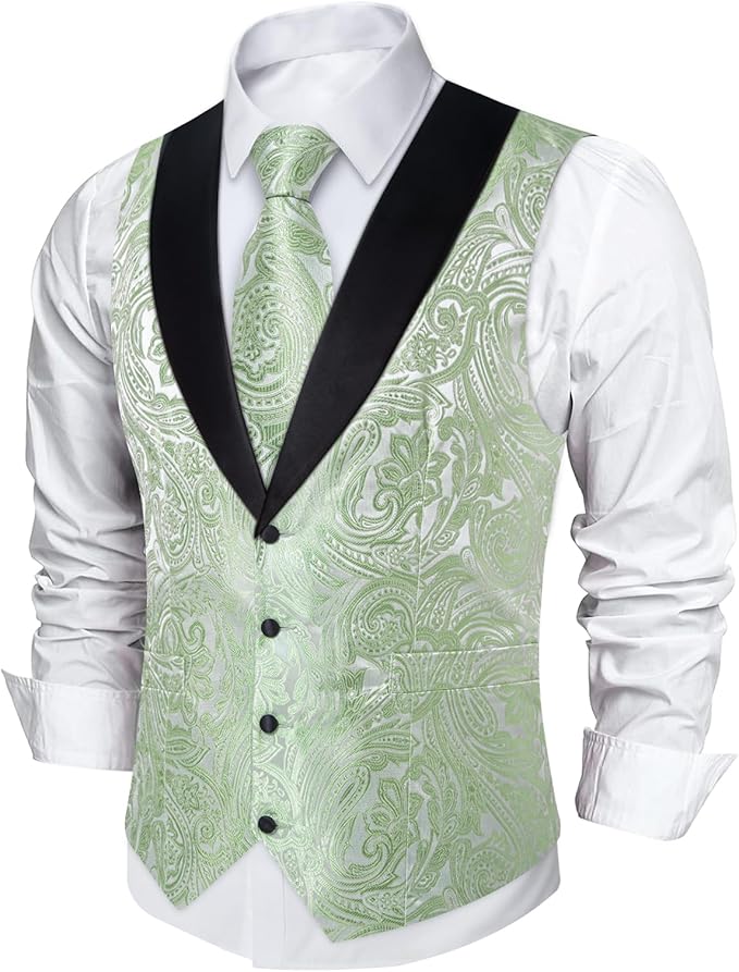 DiBanGu Mens Paisley Suit Vest Silk Jacquard Waistcoat and Necktie Set Formal Shawl Collar Dress Vest 7PCS for Wedding Party