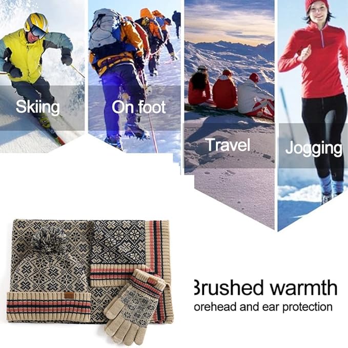 Winter Hat Scarf Gloves Set for Women Womens Knit Warm Hat Beanie Long Scarf Touchscreen Gloves Skull Caps Neck Scarves
