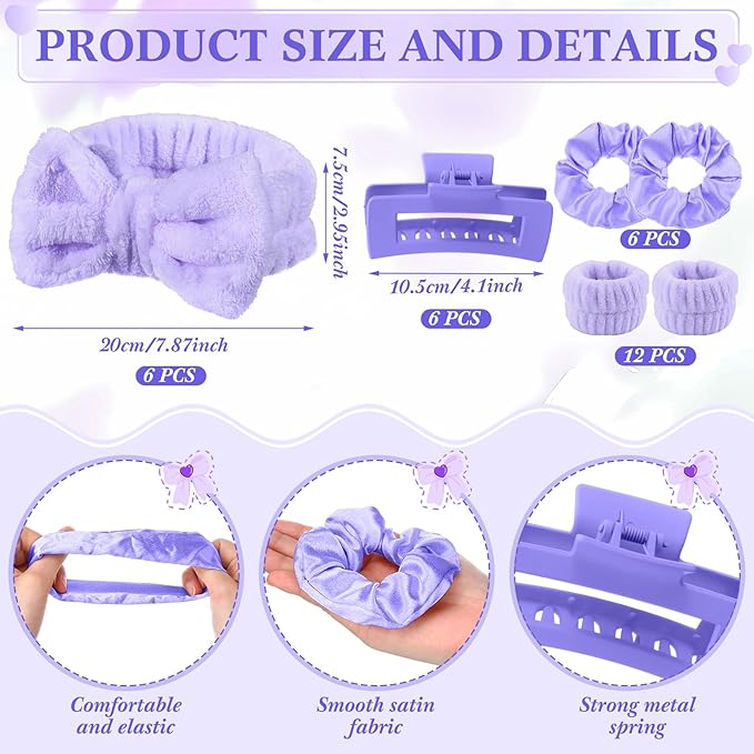 Spa Party Favors Pink Sleepover Party Supplies Bow Headband Wristband Scrunchies Hair Clip Jewelry Case Makeup Bag Mirror for Women Bridesmaid Return Gifts(Purple,48 Pcs)