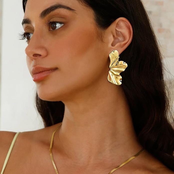 Gold Flower Statement Earrings for Women, 14K Gold Plated Large Irregular Leaf Floral, Big Chunky Dangle Earrings Set