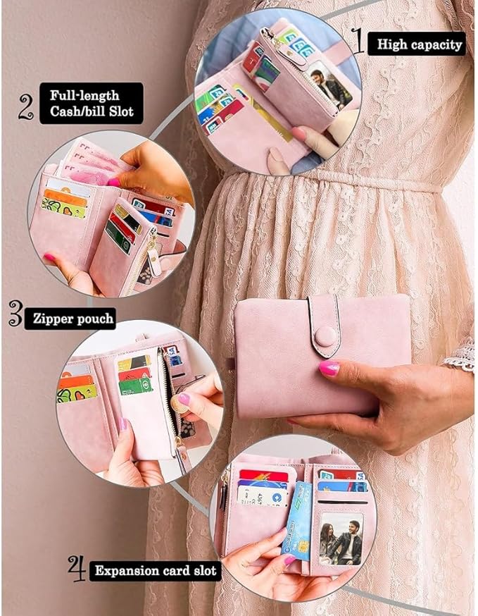 Women's Leather Wristlet Wallet, Bifold RFID Purse with ID Window, Zipper Coin Pocket for Daily Essentials (Pink)