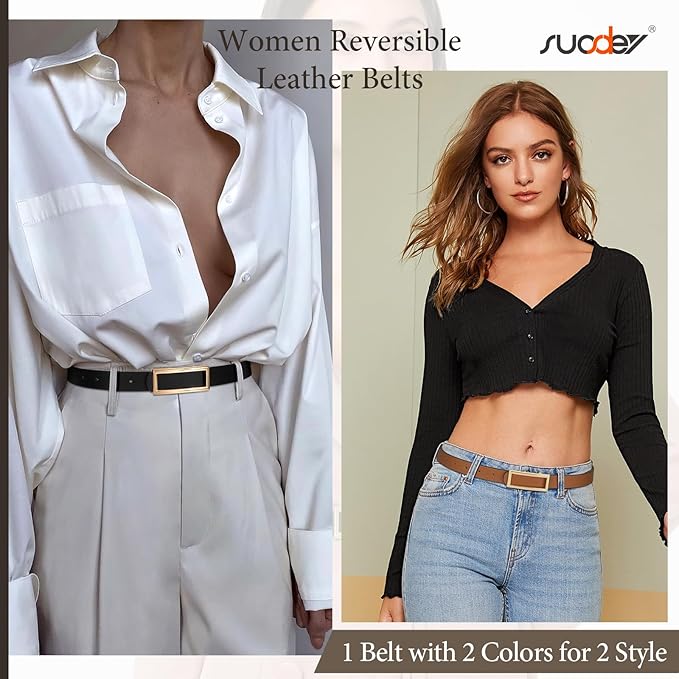 SUOSDEY Women Reversible Leather Belts for Jeans Pants Dresses Ladies Fashion Belts with Gold Buckle, 0.9" Width
