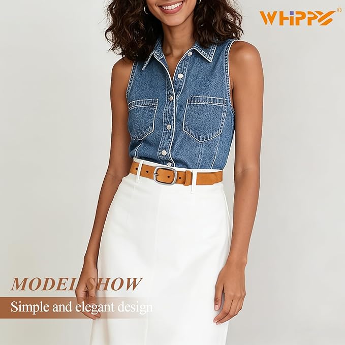 WHIPPY Women Leather Belt Casual Fashion Gold Buckle Leather Waist Belt for Jeans Pants Dresses Chic Ladies Belt