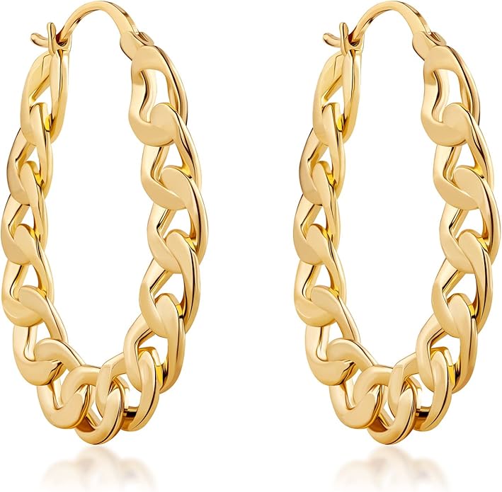 Barzel 18K Gold Plated Link Chain Hoop Earrings for Women 1.5in length 7.8mm wide - Made in Brazil