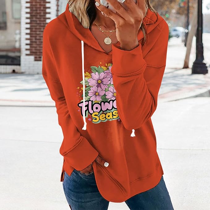 Women's Brick Red Hoodie Pullover Sweatshirt Cotton Blend Loose Fit Long Sleeve Fall Winter Top