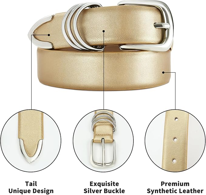 Women's Leather Belts with Gold Buckle Fashion Leather Waist Belt Elegant Ladies Belts for Jeans Dress & Casual Wear
