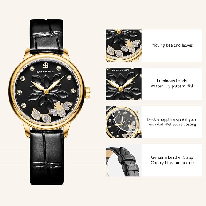 Womens Watch Bee Watches for Women Moving Bees Between Double Sapphire Glass with Genuine Leather Strap Luminous Hands and Trendy Watch with 12 Genuine Diamonds Rose Gold Mesh Band 28mm