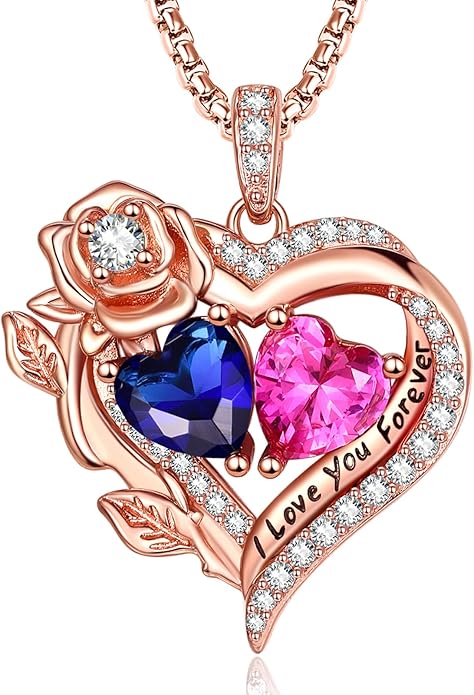 Rose Heart Necklaces for Women, Rose Gold Forever Love Jewelry with 2 Birthstones Pendant, Christmas Anniversarry Birthday Gifts for Her Wife Mom Grandma, 18+2 Inch Chain